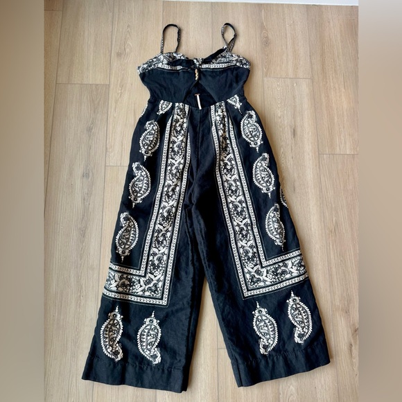 Free People Feel The Sun Paisley Bandana Linen Cutout Cropped Jumpsuit Sz 6 EUC - Picture 4 of 11